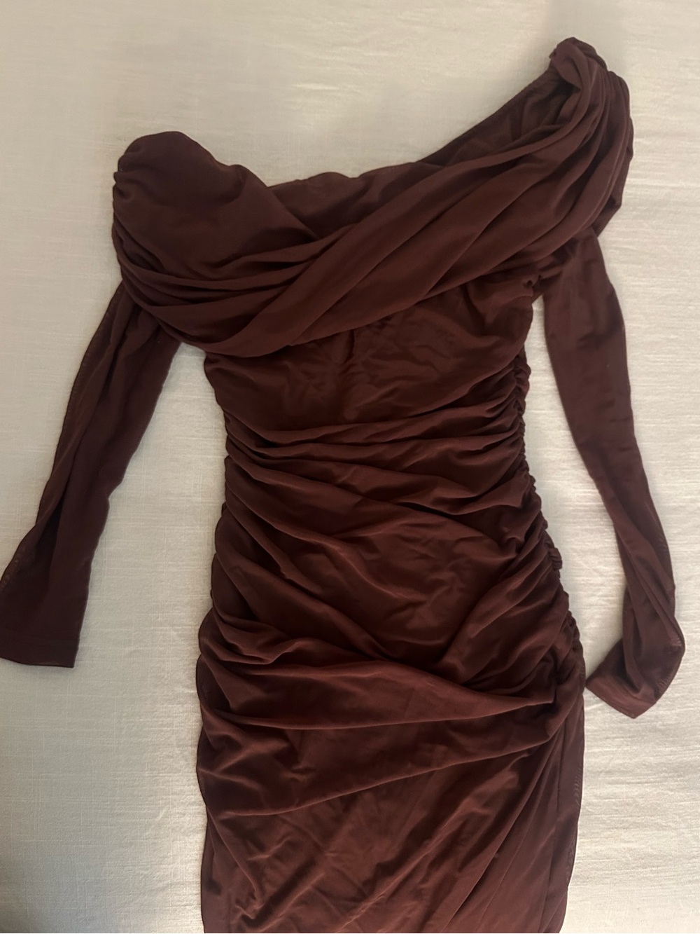 SHEIN One-Shoulder Ruched Long Sleeve Dress in Deep Brown